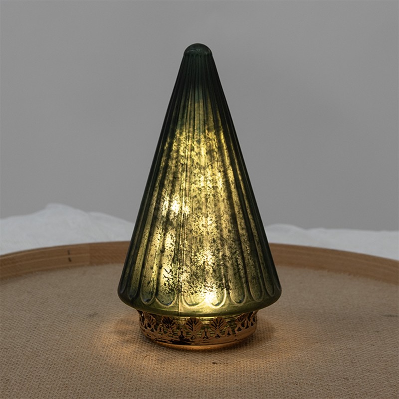 Clayre & Eef Decorazione natalizia con illuminazione a LED Albero di Natale Ø 11x19 cm Verde Vetro