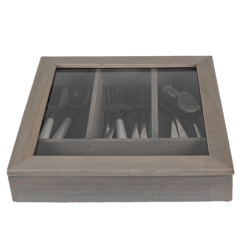 Clayre & Eef Bestekbak  30x30x8 cm Grijs Hout Glas Vierkant