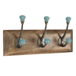 Clayre & Eef Wall Coat Rack 30x8x10 cm Blue Wood Iron Rectangle