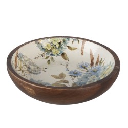 Clayre & Eef Serving Platter Ø 24x4 cm White Blue Wood Round Flowers