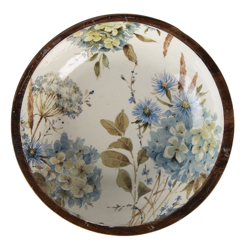 Clayre & Eef Plat de service Ø 24x4 cm Blanc Bleu Bois Rond Fleurs