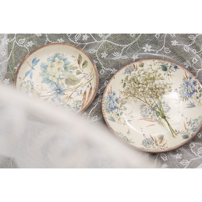 Clayre & Eef Serving Platter Ø 24x4 cm White Blue Wood Round Flowers