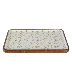 Clayre & Eef Plat de service 30x20x2 cm Blanc Bleu Bois Rectangle Fleurs