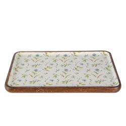 Clayre & Eef Serving Platter 30x20x2 cm White Blue Wood Rectangle Flowers