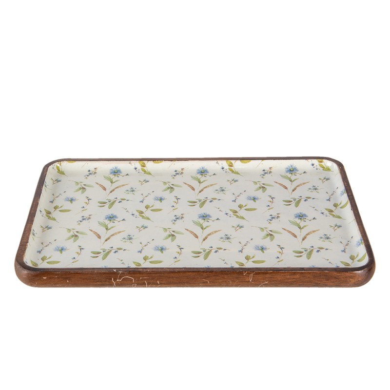 Clayre & Eef Serving Platter 30x20x2 cm White Blue Wood Rectangle Flowers