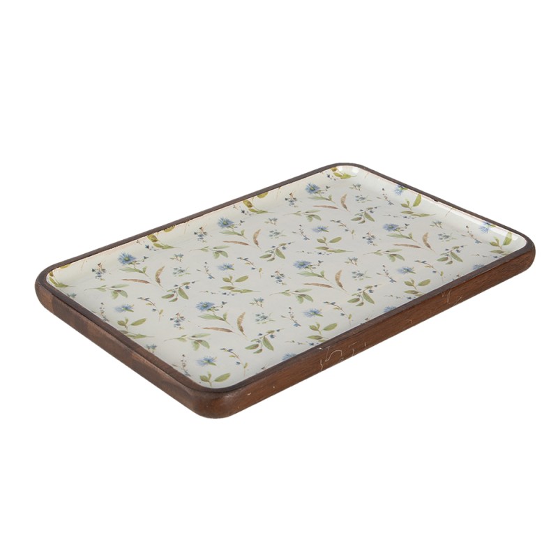 Clayre & Eef Serving Platter 30x20x2 cm White Blue Wood Rectangle Flowers