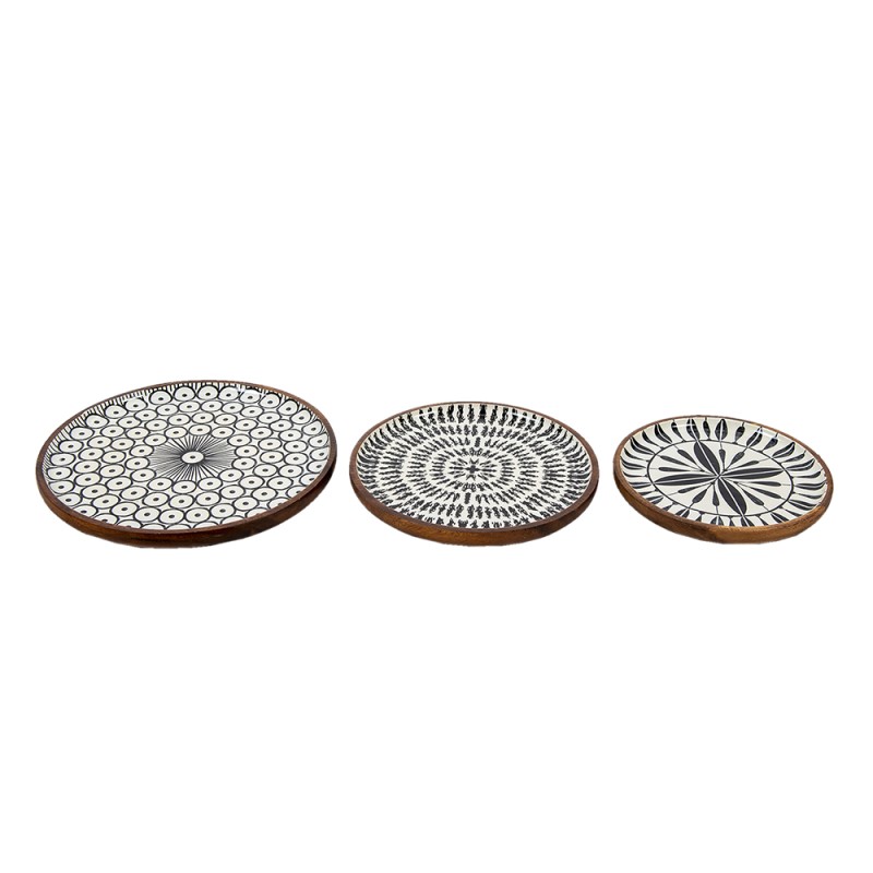 Clayre & Eef Serving Platter Set of 3 Ø 28 Ø 23 Ø 20 cm Black White Wood Round