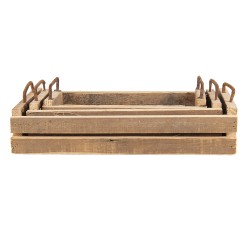 Clayre & Eef Decorative Serving Tray Set of 3 Brown Wood Metal Rectangle