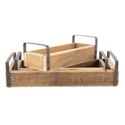 Clayre & Eef Decorative Serving Tray Set of 3 Brown Wood Zinc Rectangle