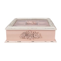 Clayre & Eef Scatola da tè con 9 scomparti 32x26x9 cm Rosa Prodotto in legno Rettangolo Fiori