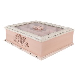 Clayre & Eef Scatola da tè con 9 scomparti 32x26x9 cm Rosa Prodotto in legno Rettangolo Fiori