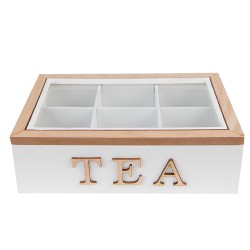 Clayre & Eef Tea Box with 6 Compartments 23x17x8 cm White Brown MDF Glass Tea