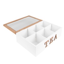 Clayre & Eef Teebox mit 6 Fächern 23x17x8 cm Weiß Braun MDF Glas Tea