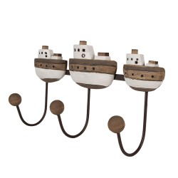 Clayre & Eef Wall Coat Rack 3 Hooks Boat 38x10x20 cm White Brown Wood Iron