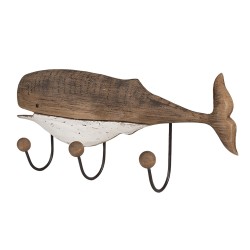 Clayre & Eef Wall Coat Rack 3 Hooks Whale 53x10x23 cm Brown White Wood Iron