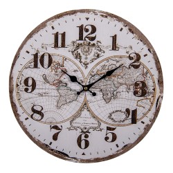 Clayre & Eef Wall Clock Ø 34 cm White MDF Round World Map