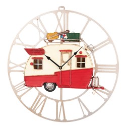 Clayre & Eef Wandklok  48x50 cm Rood Wit Metaal Rond Caravan