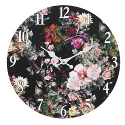 Clayre & Eef Wall Clock Ø 34 cm Black Green MDF Flowers