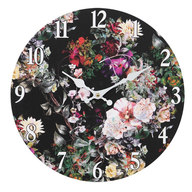 Clayre & Eef Wall Clock Ø 34 cm Black Green MDF Flowers