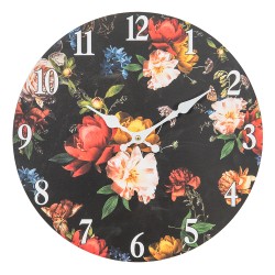 Clayre & Eef Wall Clock Ø 34 cm Black Red MDF Flowers