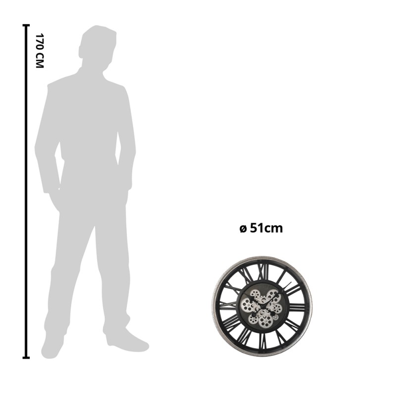 Clayre & Eef Wandklok  Ø 51 cm Zwart Zilverkleurig Kunststof Rond