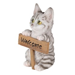 Clayre & Eef Figurine Cat 12x9x19 cm White Grey Polyresin Welcome