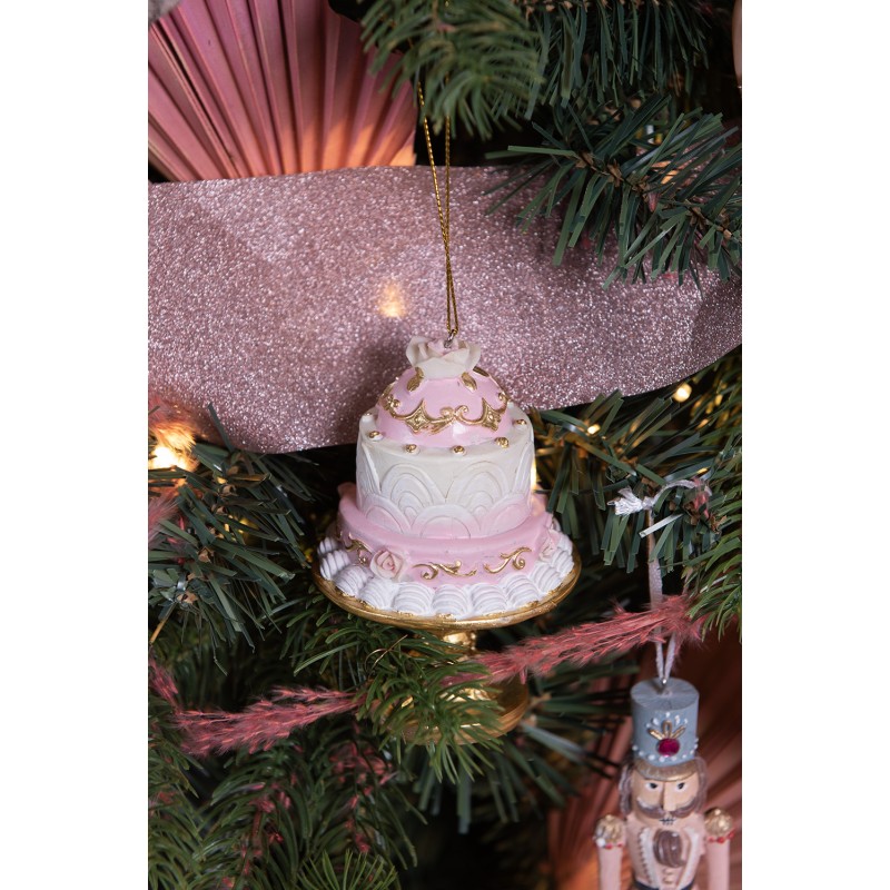 Clayre & Eef Ornement de Noël Gâteau Ø 7x11 cm Rose Blanc Plastique