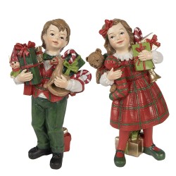 Clayre & Eef Decorative Figurine Children set van 2 / 13 cm Red Green Polyresin