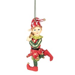 Clayre & Eef Kersthanger Elf 11 cm Rood Groen Polyresin