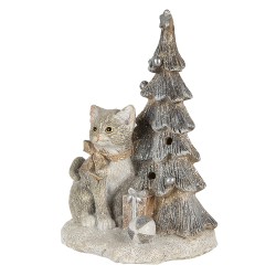 Clayre & Eef Figurine Cat 12x9x16 cm LED Grey White Polyresin