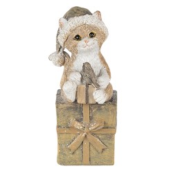 Clayre & Eef Beeld Kat 5x4x10 cm Bruin Wit Polyresin