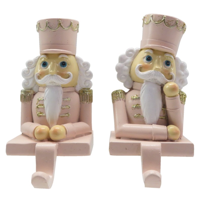 Clayre & Eef Haak Kerstsok Set van 2 Notenkraker 12 cm Roze Wit Kunststof