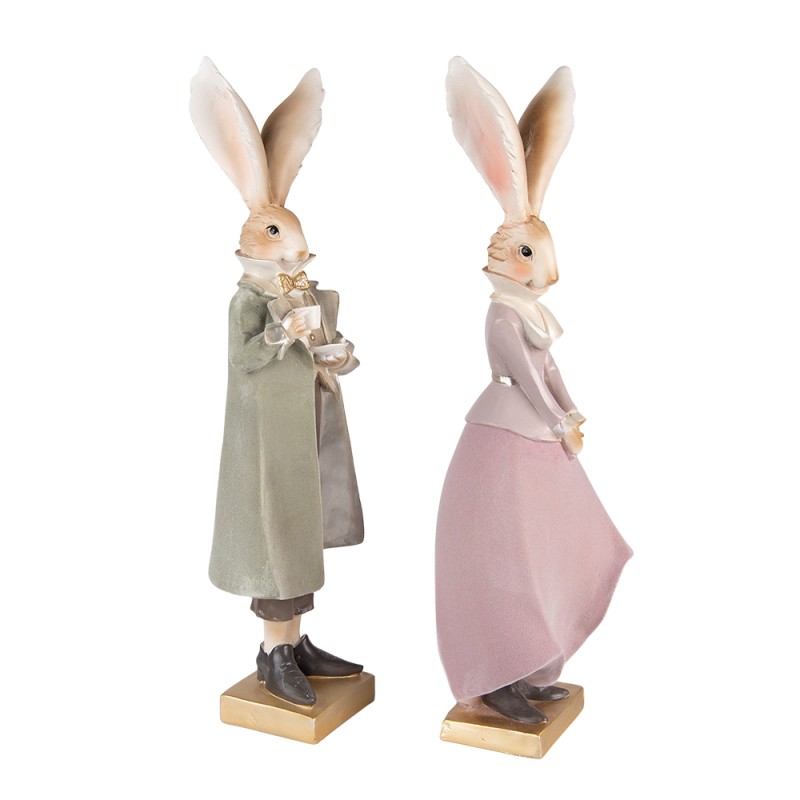 Clayre & Eef Figurine Lapin 14x12x47 / 14x12x47 cm Vert Rose Polyrésine