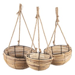 Clayre & Eef Plant Hanger Set of 3 Brown Rattan Round