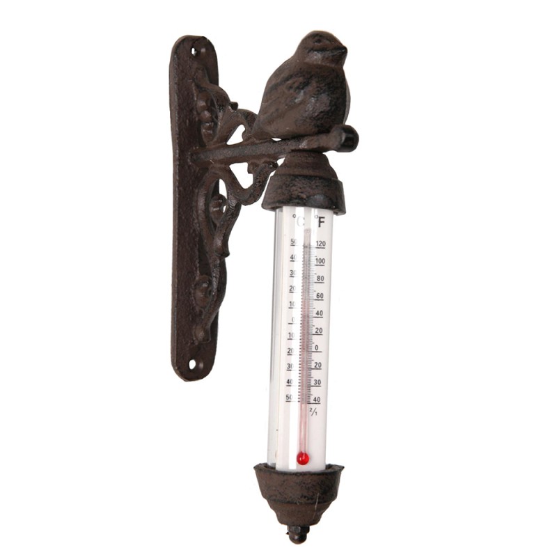 Clayre & Eef Außenthermometer 10x5x16 cm Braun Eisen Rund Vogel