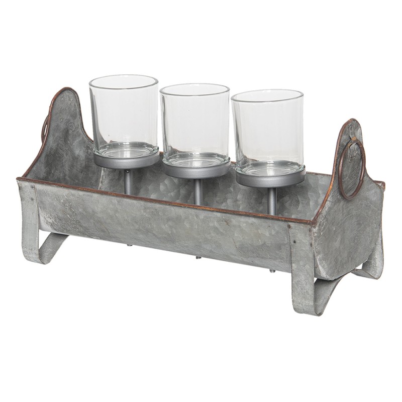 Clayre & Eef Tealight Holder 30x14x16 cm Grey Metal Glass