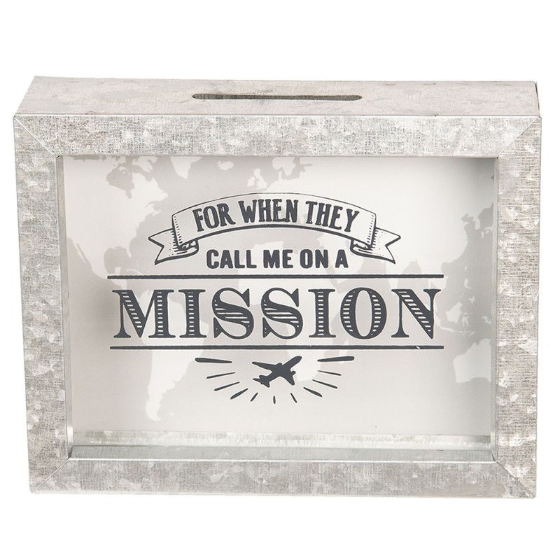 Clayre & Eef Spaarpot  18x5x14 cm Grijs Metaal Glas Rechthoek Mission