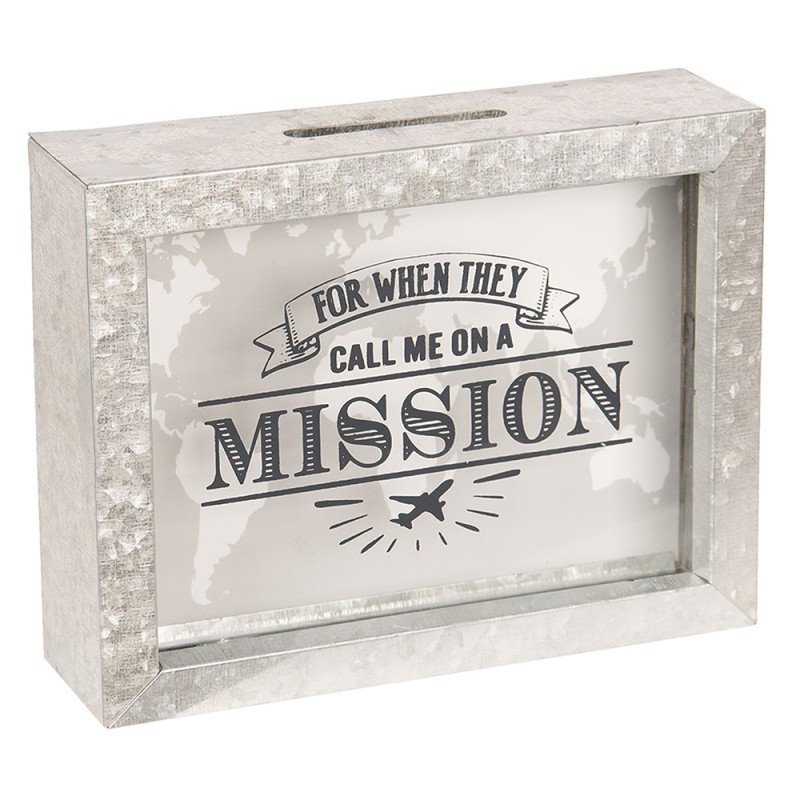 Clayre & Eef Spaarpot  18x5x14 cm Grijs Metaal Glas Rechthoek Mission