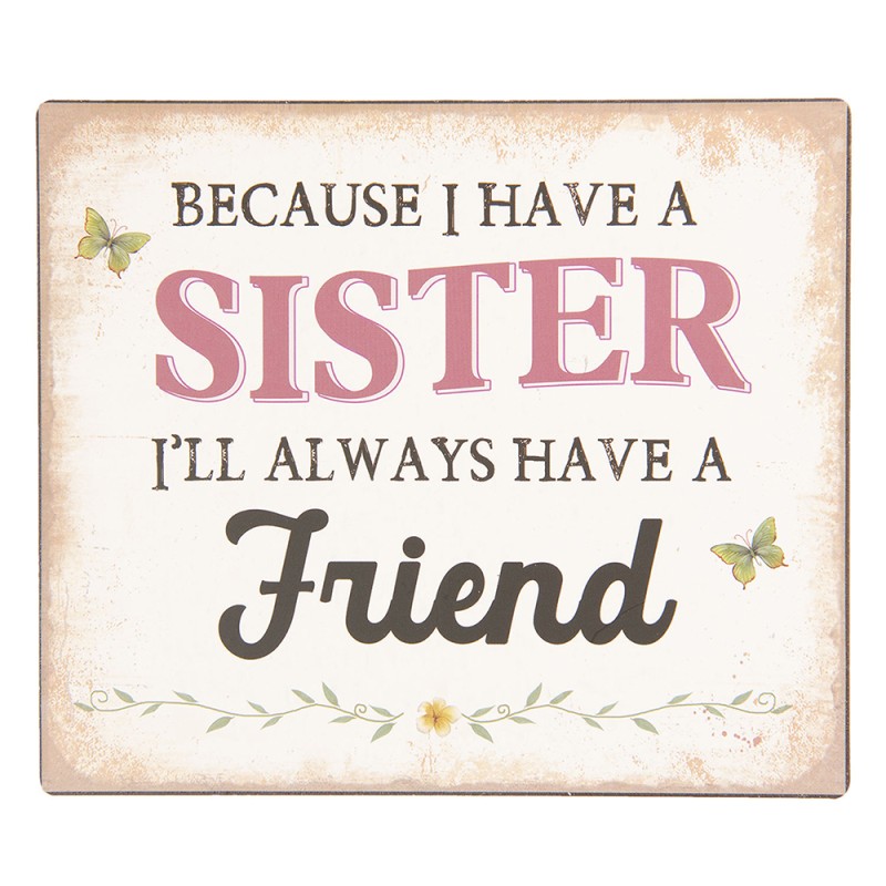 Clayre & Eef Text Sign 15x13 cm Beige Pink Metal Rectangle Sister Friend