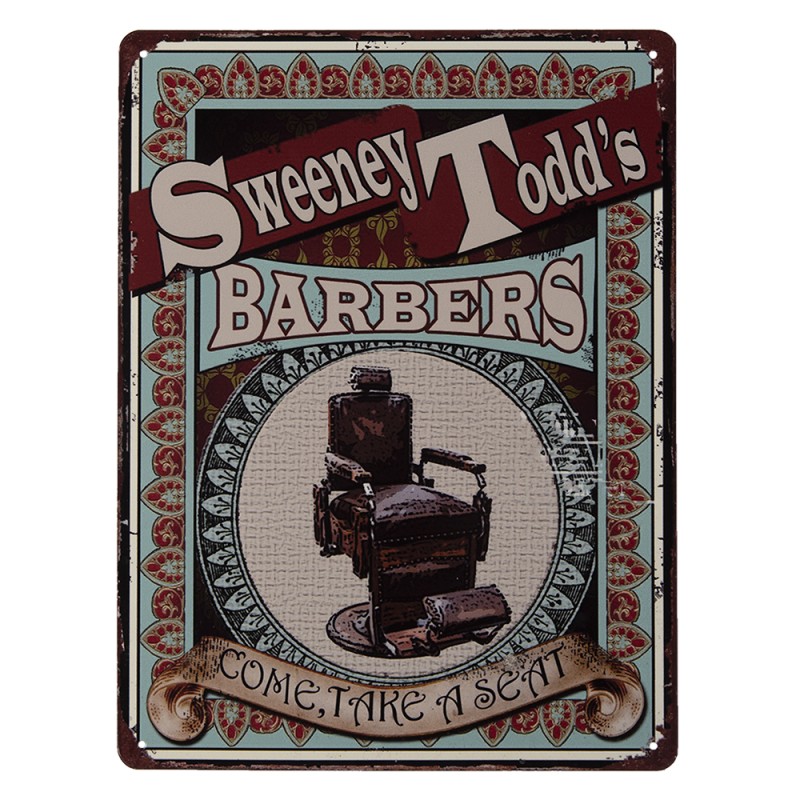 Clayre & Eef Tekstbord  25x33 cm Rood Bruin Ijzer Barbers