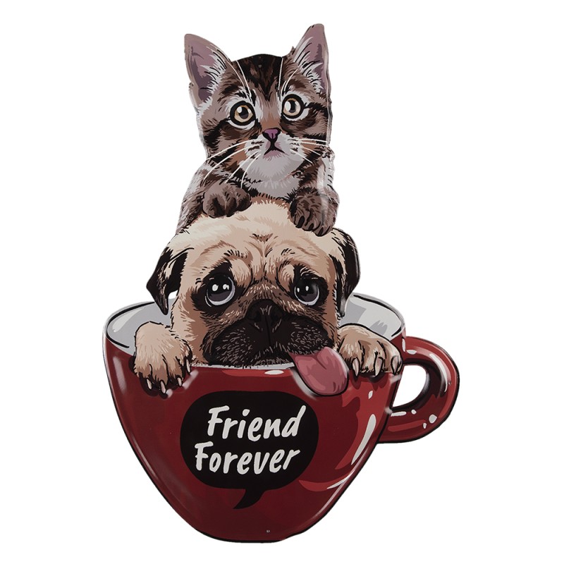 Clayre & Eef Tekstbord Kat en Hond 38x55 cm Rood Ijzer Friend Forever