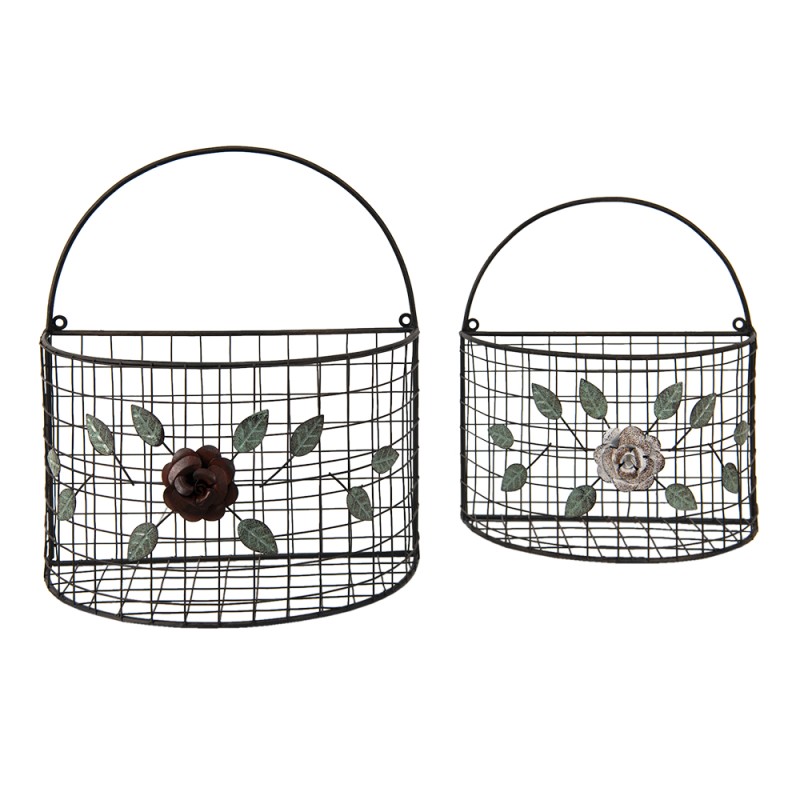 Clayre & Eef Storage Basket Set of 2 Grey Iron Flowers