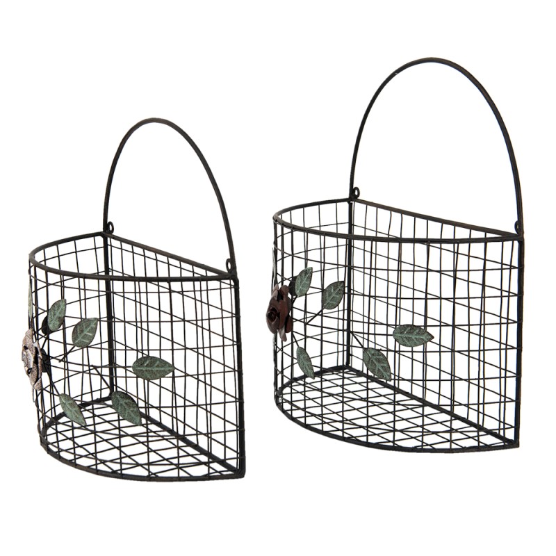 Clayre & Eef Storage Basket Set of 2 Grey Iron Flowers