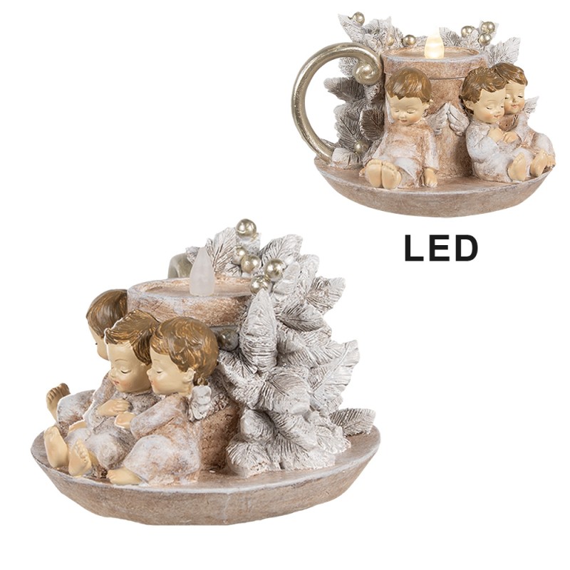 Clayre & Eef Decorazione natalizia con illuminazione a LED Portacandele 14x13x10 cm Marrone Pelle artificiale Metallica Angeli