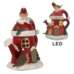 Clayre & Eef Decoratie Huis met LED Gieter 13x10x16 cm Rood Kunstleer Metaal Vogels