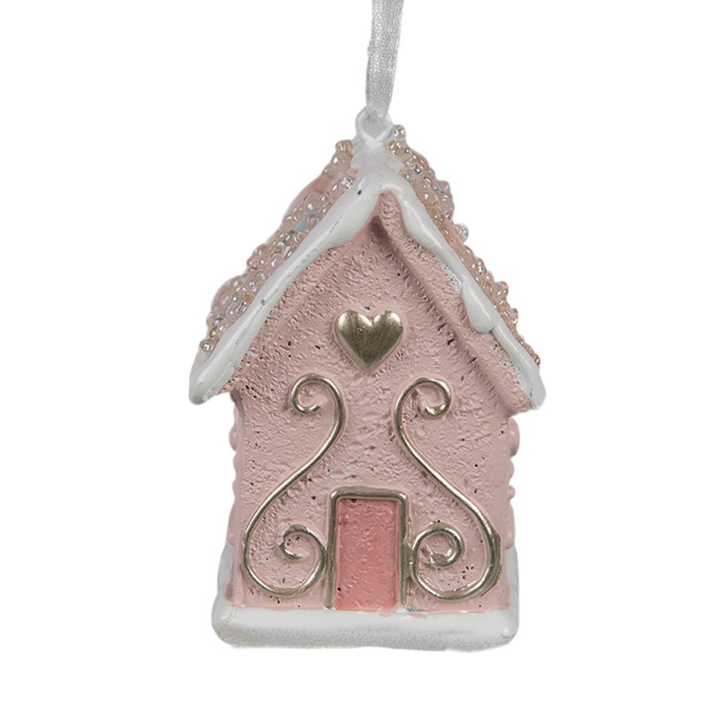 Clayre & Eef Kersthanger Gingerbread house 4x4x6 cm Roze Kunststof