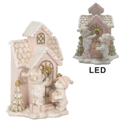 Clayre & Eef Dekoratives Haus mit LED  15x10x18 cm Rosa Kunststoff Bär