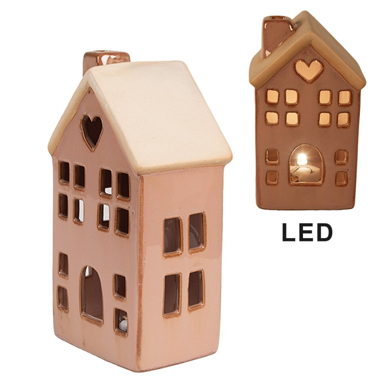 Clayre & Eef Dekoratives Haus mit LED  6x6x11 cm Braun Porzellan