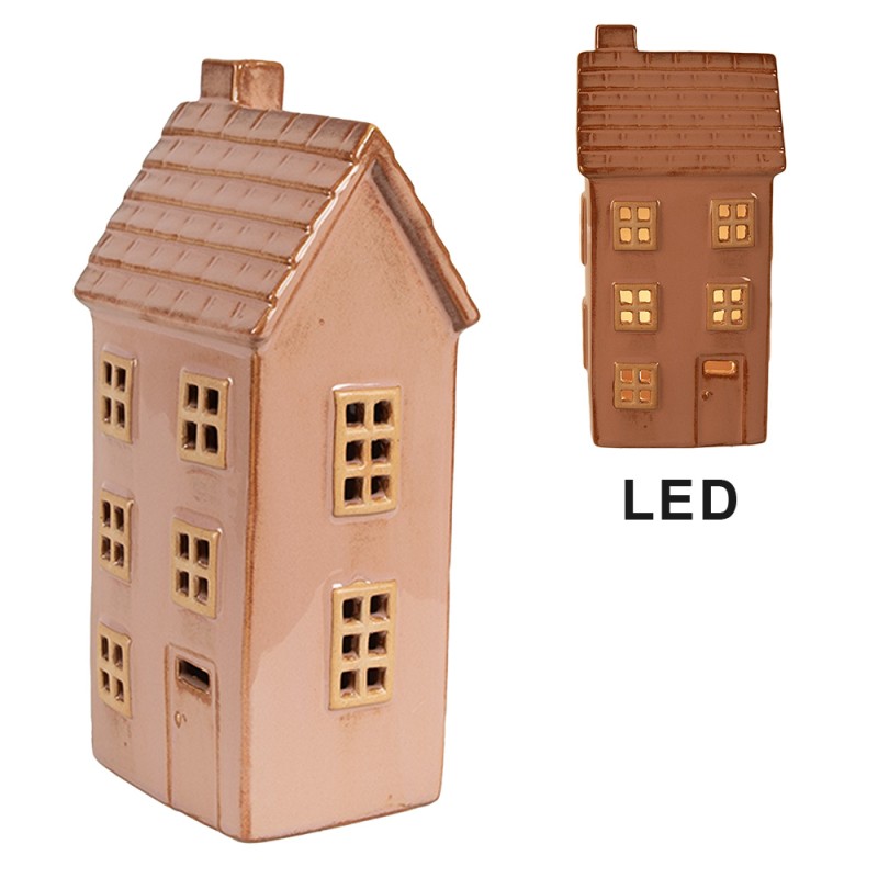 Clayre & Eef Decoratie Huis met LED 8x6x17 cm Bruin Porselein