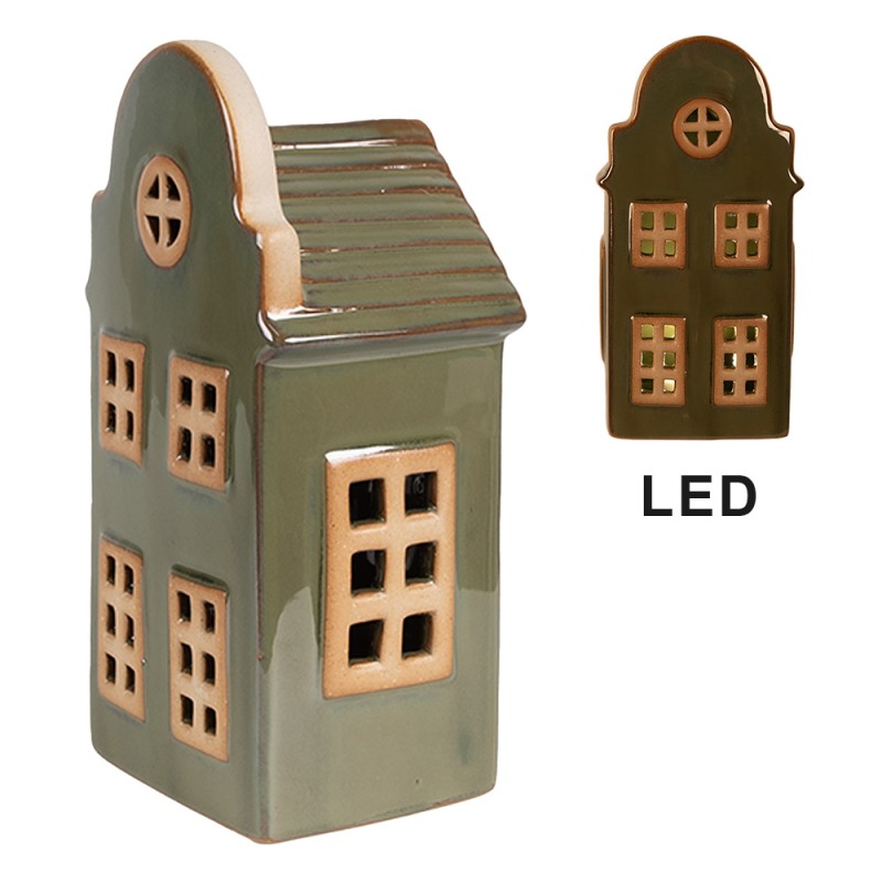 Clayre & Eef Decoratie Huis met LED 8x6x15 cm Groen Porselein